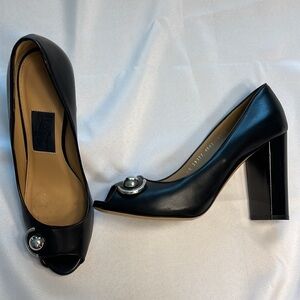 Salvatore Ferragamo Black Leather Peep Toe Pumps Size 9.5